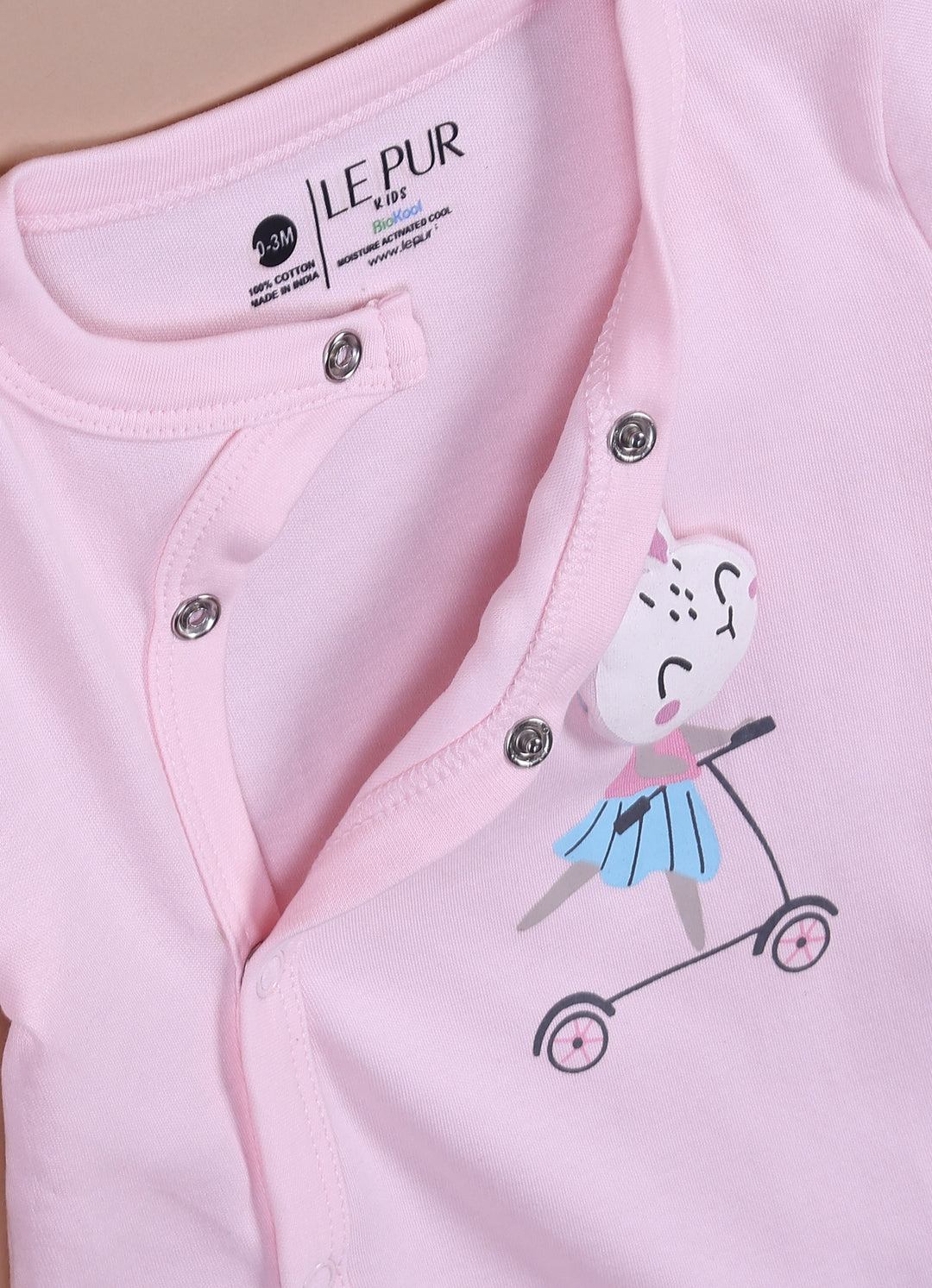 Le Pur Baby Girls Biocool Cotton All-in-One Set – Bunny Print Bodysuit, Romper & Cap (Light Pink) - LE PUR!